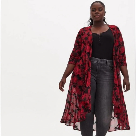 TORRID AC/DC Black & Red Floral Chiffon Hi-Lo Kimono Plus Size Concert - Picture 3 of 9